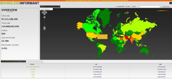 Snapshot of Boundless Informant global heat map of data collection. The color scheme ranges from green (least subjected to surveillance) through yellow and orange to red (most surveillance). Note the '2007' date in the image relates to the document from which the interactive map derives its top secret classification, not to the map itself.